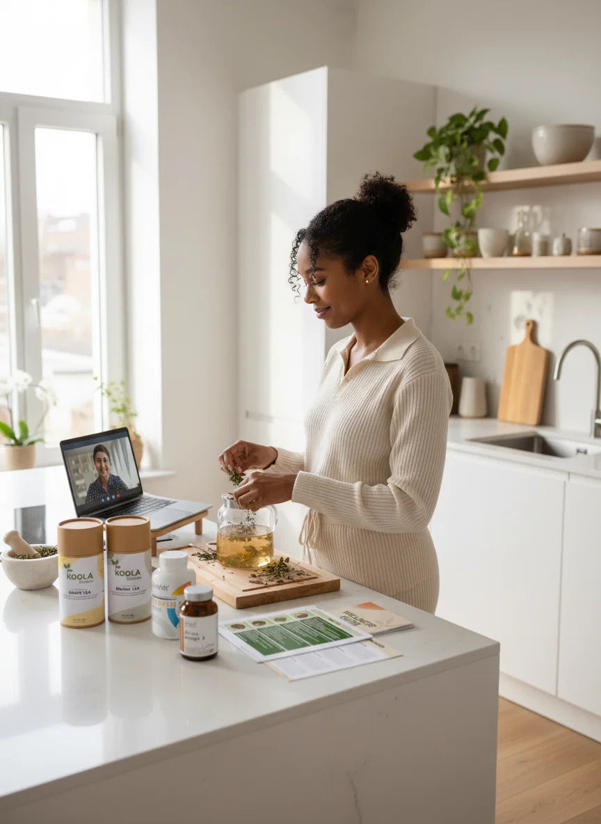Woman in a kitchen preparing tea with health supplements on the counter.