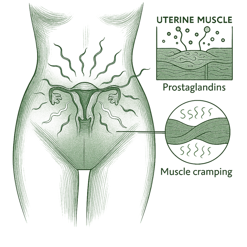 Diagram of uterine muscle with prostaglandins and muscle cramping labeled on a green background